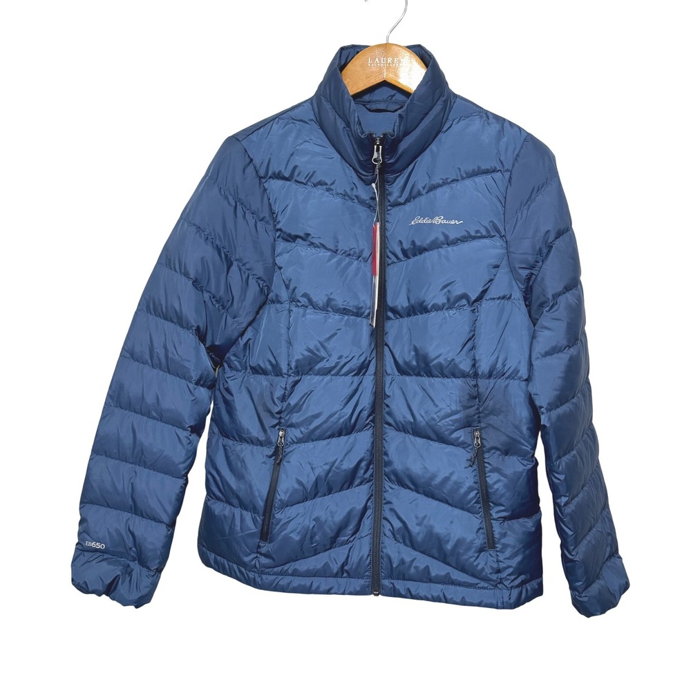 Eddie Bauer Chevron Down Quilted Jacket Womens Med Blue NEW